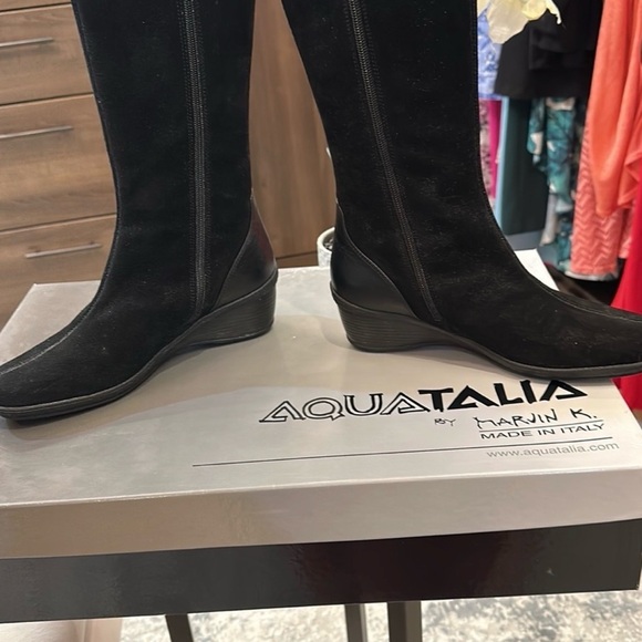 Aquatalia Sturdy Black Wedge Heeled Tall Boots - Picture 2 of 10